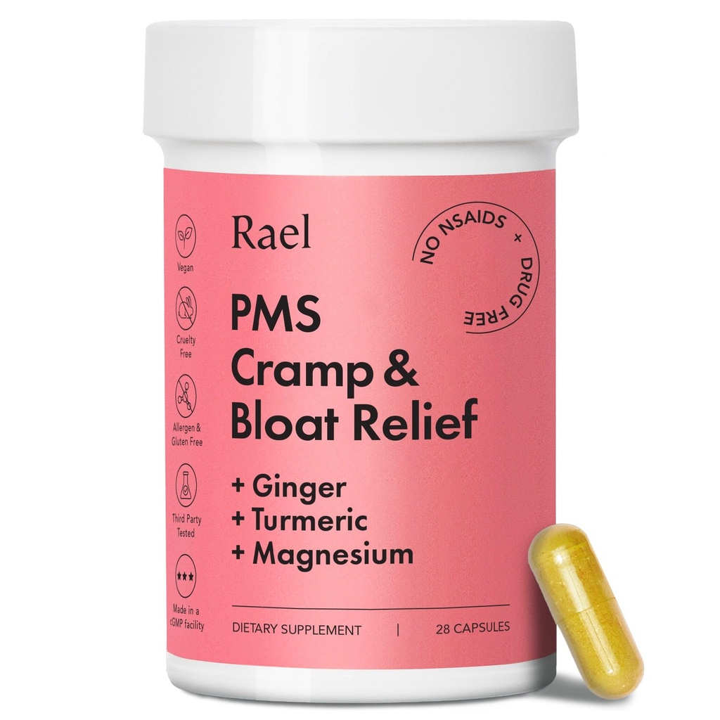 Rael PMS Supplement, Hormone Balance for Women, Relief from Menstrual Cramps, period bloating, Mood Swings Treatment with Turmeric, Ginger, Magnesium, No NSAIDs, Vegan (28 Capsules)