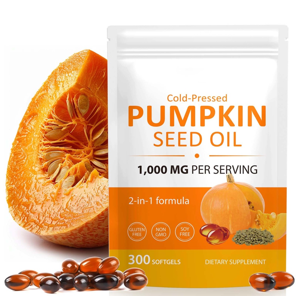 Pumpkin Seed Oil with Saw Palmetto Softgels, Cold-Pressed with Essential Fatty Acids & Phytosterols, Prostate Support Supplement for Men, Urine Balance, No Burps, Non-GMO, Gluten-Free, Pure & Natural
