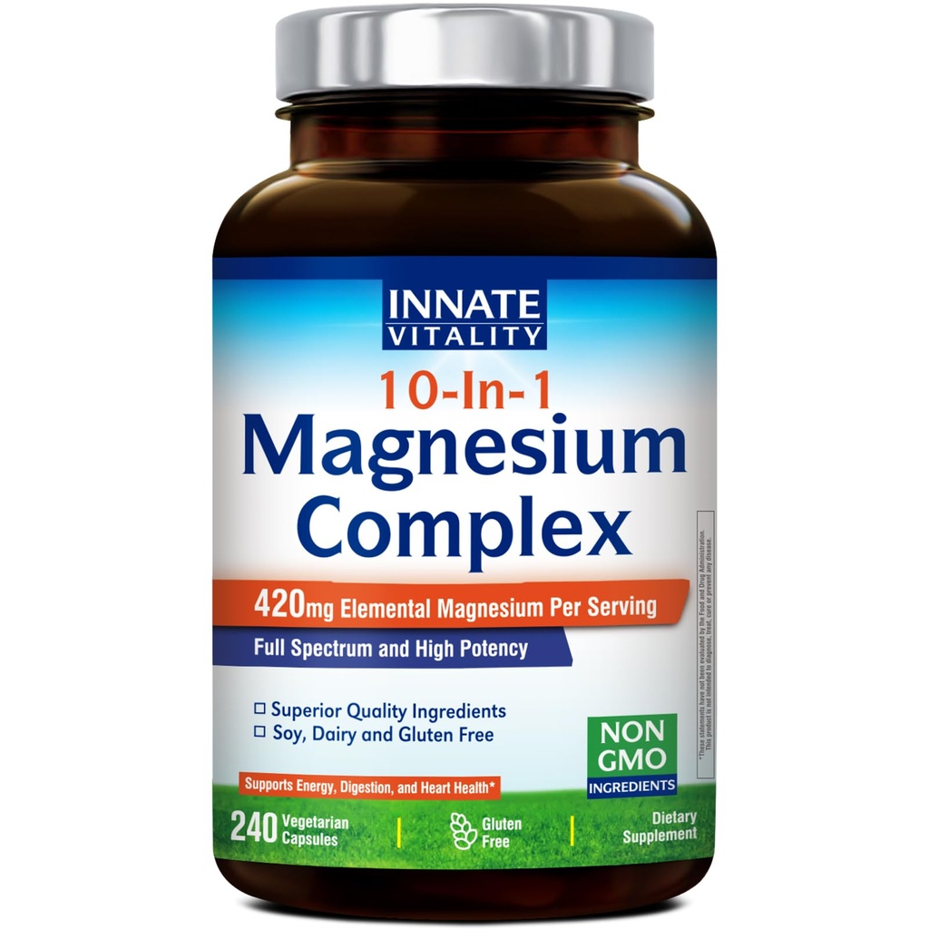 Innate Vitality 10-in-1 Magnesium Complex 960mg, 420mg Elemental Mag per Serving, with Magnesium Glycinate, Citrate, Malate, and More, Sleep, Digestion, Energy Support, 240 Vegan Caps