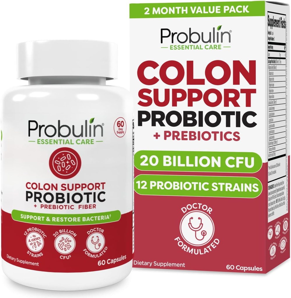 Probulin Colon Support Probiotic Supplement, Daily Gut, Digestief, en Immune Health Probiotica Capsules voor mannen en vrouwen, 20 miljard CFU, Vegan, 60 Telfles