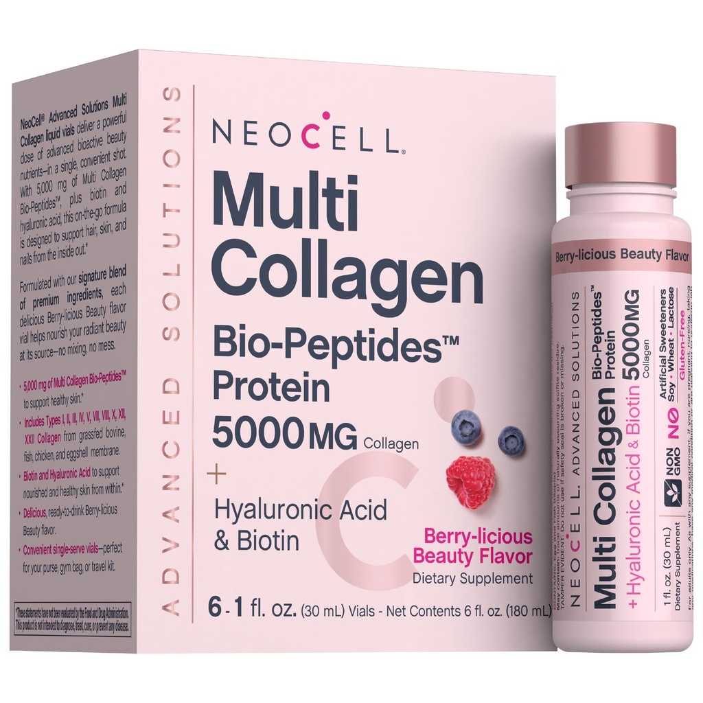 NeoCell Multi Collagen Peptides Liquid | 6 Vials | with Hyaluronic Acid and Biotin | Advanced Formula | Complex Beauty Supplement | Hair, Skin, and Nails