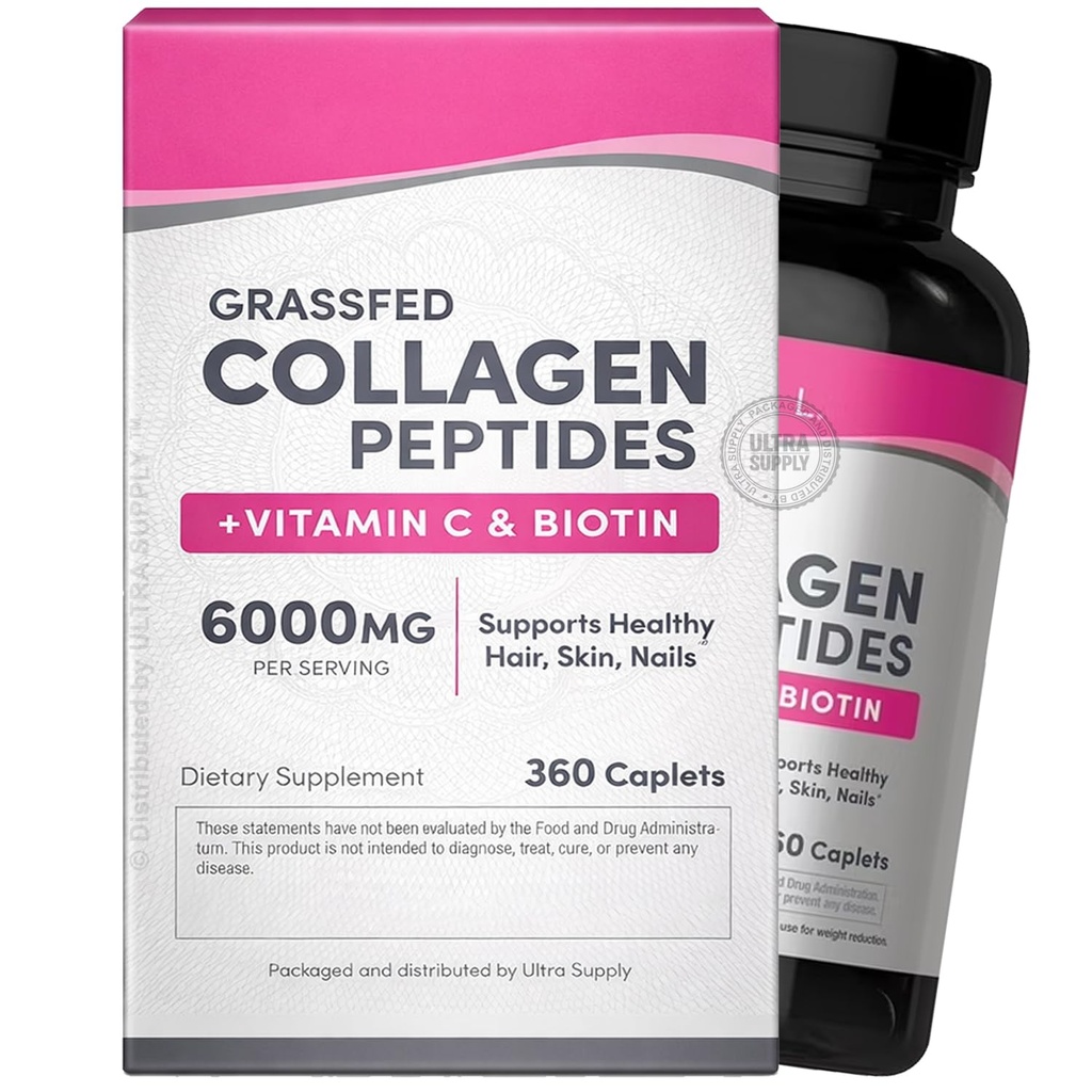 Neo_Cells Grassfed Collagen Peptides 6000mg Caplets with Vitamin C and Biotin (360 Count. Value Pack) for Healthy Hair Skin Nails Support Type 1 & 3