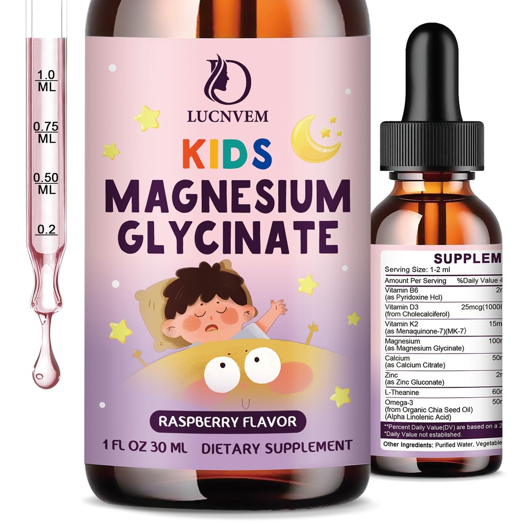 Kids Magnesium Glycinate Sleep Liquid Drops – Sleep & Calm Support with L-Theanine – Melatonin-Free, Sugar-Free Vegan Raspberry Supplement – 2 Bottles, 30ml Each