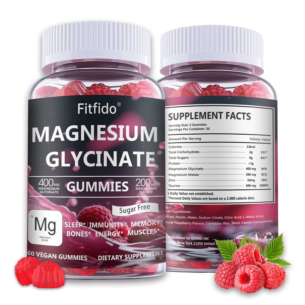 Magnesium Glycinate Gummies 400mg – Sugar Free, No Melatonin Sleep & Stress Support, High Absorption, Gentle on Stomach, Vegan Pectin, for Adults & Kids 4+ (60 Count, Raspberry)