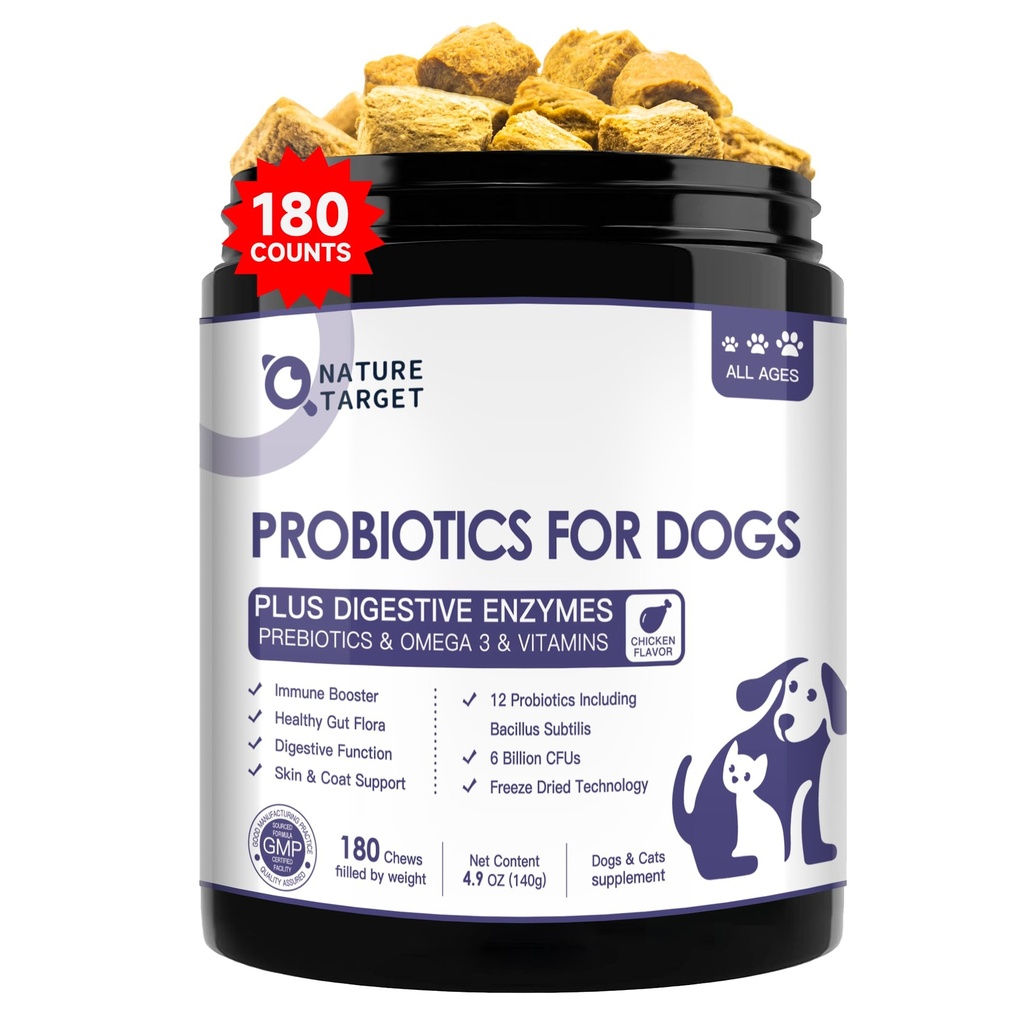 NATURE TARGET Probiotica voor honden, 6 miljard CFUs, bevroren gedroogde hondenprobiotica met prebiotica en enzymen voor diarree, gas, vitamines & omega 3 voor huid & Immune Health, Allergie Itch Relief, 180 Tel.
