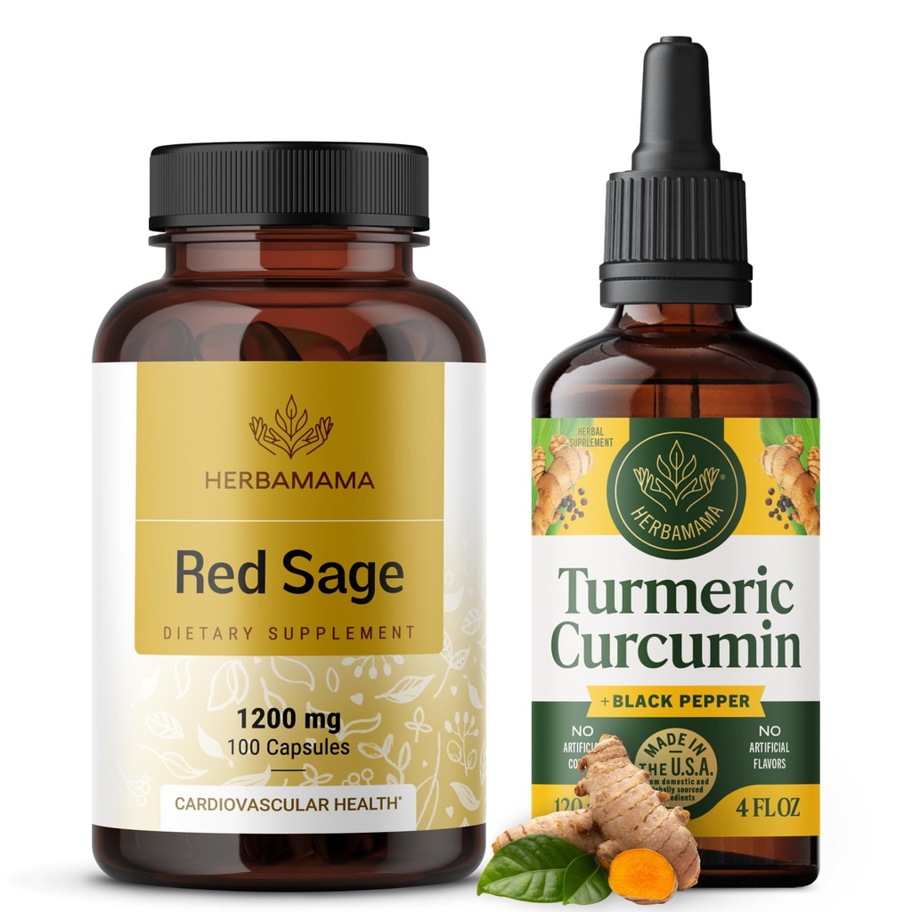 HERBAMAMA Red Sage and Turmeric Kit - bundel van 1200 mg Red Sage Dan Shen Capsules & Turmeric Curcumin Drops 2 fl oz - Vegan, Non-GMO, Sugar & Alcohol-Free - 2 Pack