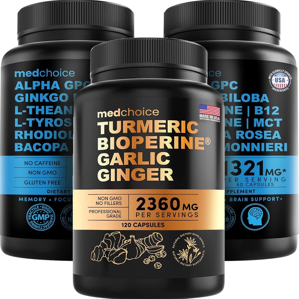 MEDCHOICE Kurkuma & Gember (120ct) en Nootropic Brain (120ct) Supplement Bundle - Wellness Duo for Joint, Digestie, Brain, & Mood Support - Vegan, Non-GMO, Glutenvrij