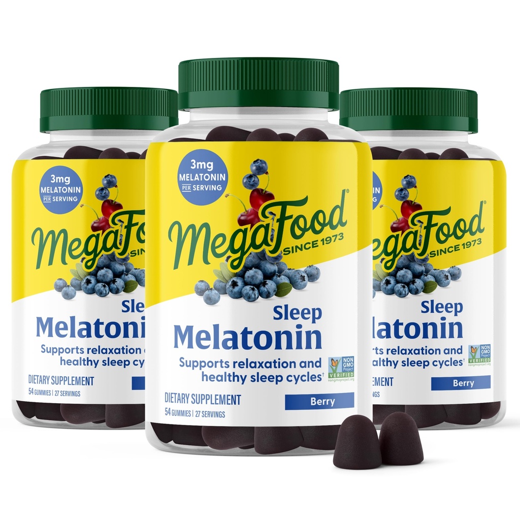 MegaFood Melatonin Gummies - Melatonin 3mg per Serving to Help Relax & Fall Asleep – Sleep Gummies for Adults - Berry Flavor, Non-GMO, Certified Vegan - 54 Count (27 Servings) 3 Pack