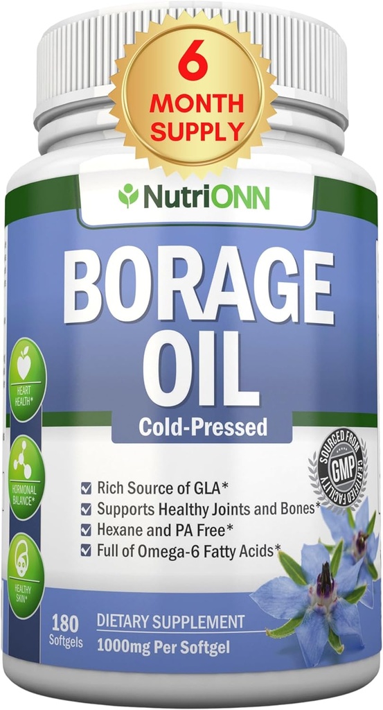 Borage Oil - 1000 mg - 180 Softgels - Cold Pressed High GLA Borage Seed Oil - Hexane en PA Free - Geweldig voor huid, haar en botten.