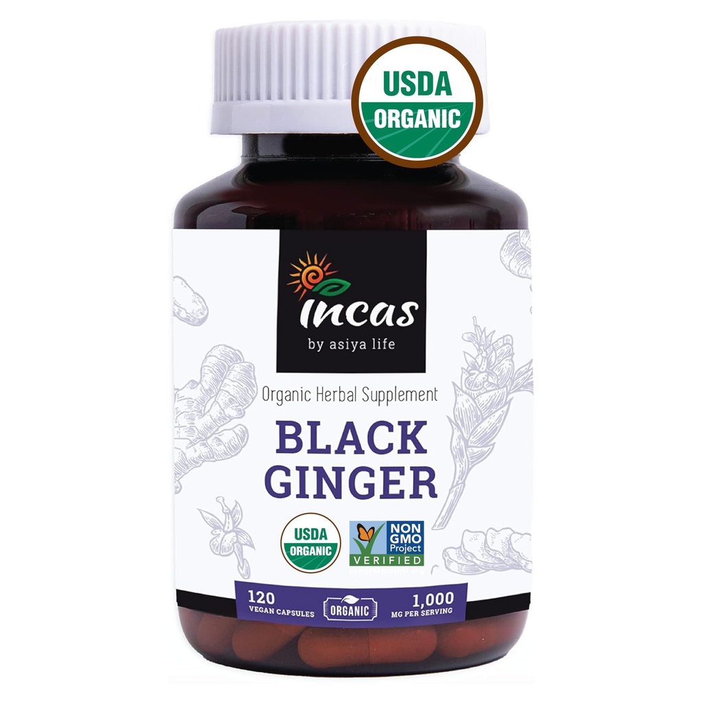 INCAS USDA Organic Thai Black Ginger for Men 120 Vegan Capsules 500mg Non GMO Verified | First & Only Organic Certified Kaempferia Parviflora Thai Ginseng