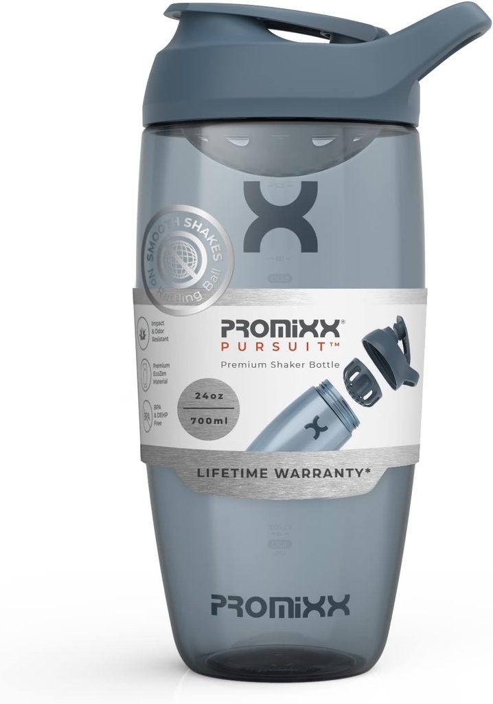 Promixx Pursuit Protein Shaker Bottle (24 oz) – Silent No-Ball Mixer, Leak-Proof Lid, BPA/BPS & Phthalate-Free ECOZEN – Easy-Clean Shaker Cup for Protein Shakes, Pre & Post-Workout Smoothies