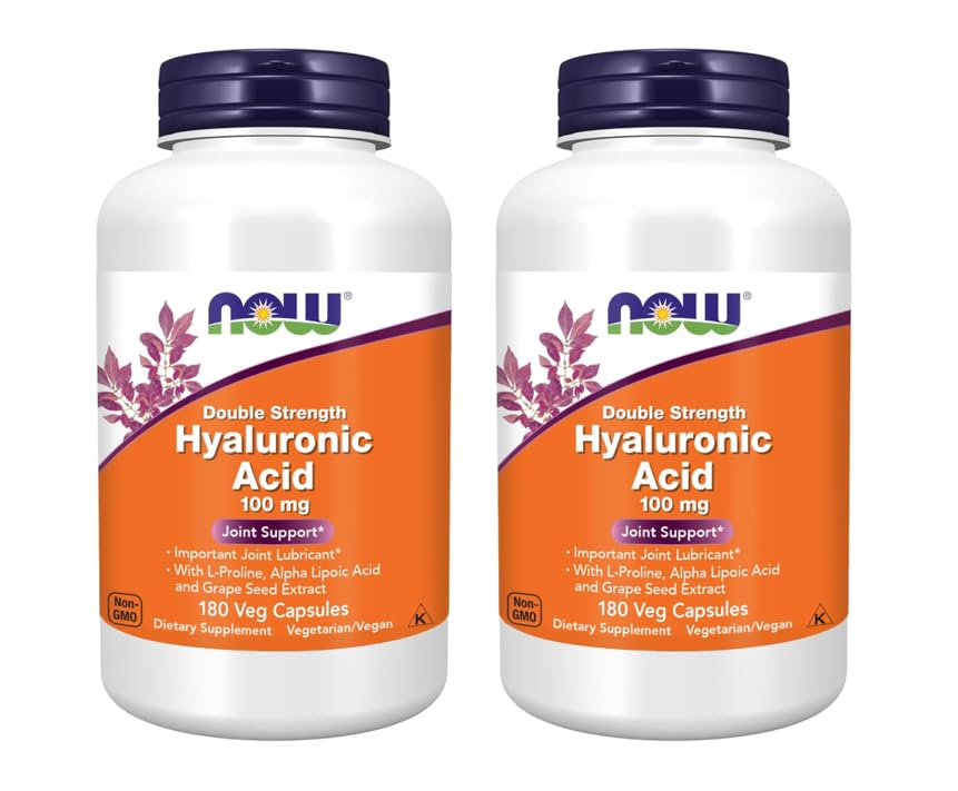 NOW Foods Supplements, Hyaluronic Acid 100 mg, Double Strength with L-Proline, Alpha Lipoic Acid and Grape Seed Extract, 180 Veg Capsules (Pack of 2)