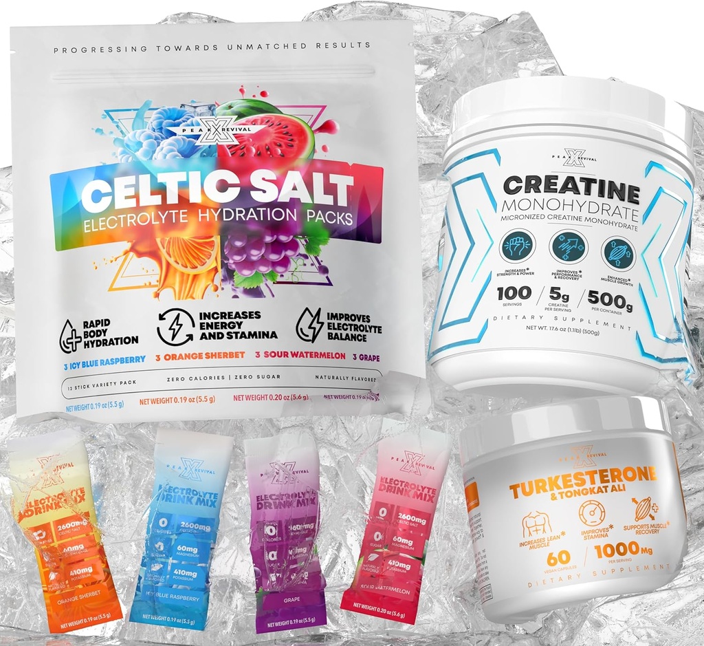 Keltische zoutelektrolyten poederverpakkingen + Creatine Monohydraat poedersupplement + Turkesterone & Tongkat Ali 1000mg supplement