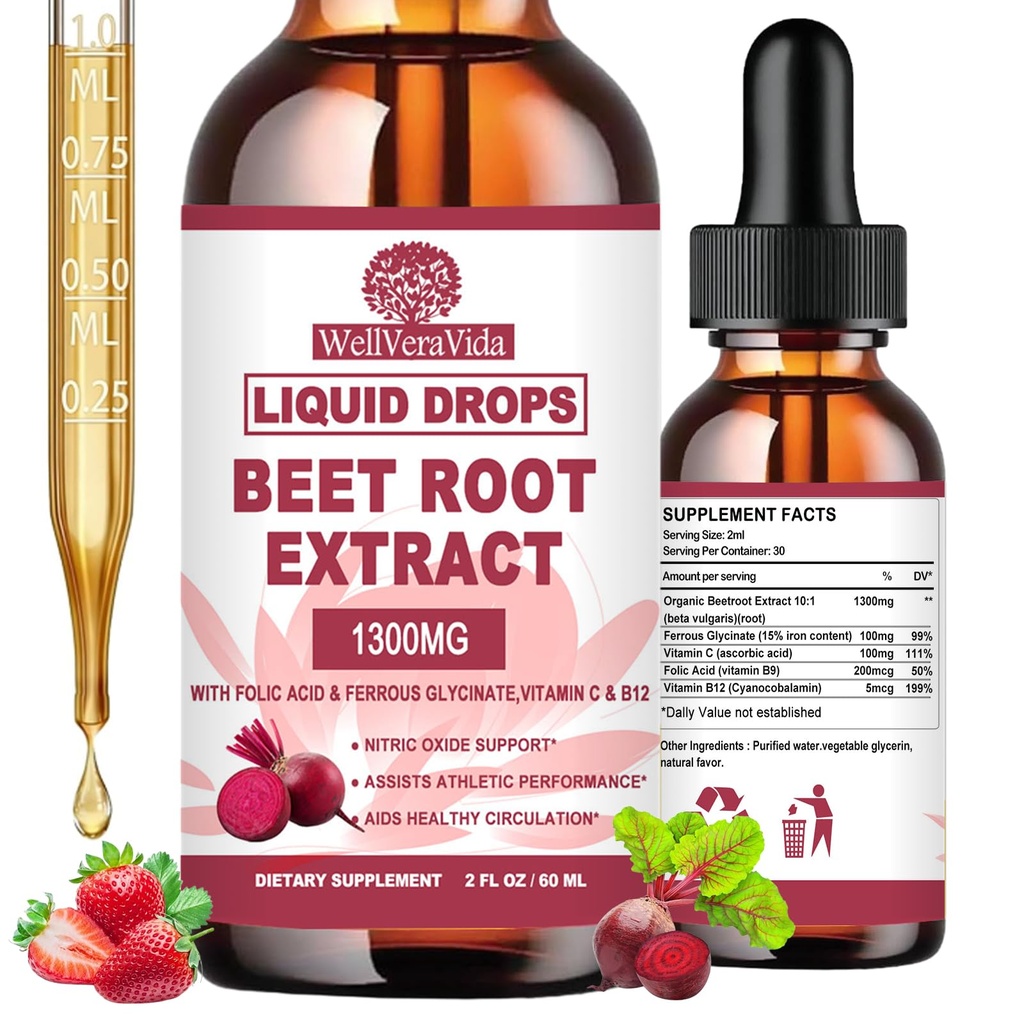 BeetRoot Supplement, Organic Beet Root Extract Drops W/Iron Folic Acid, Vitamin B12 & C for Nitric Oxide Production & Healthy Blood Pressure, Superior Liquid to Beet root Capsules or Powder丨Sugar Free