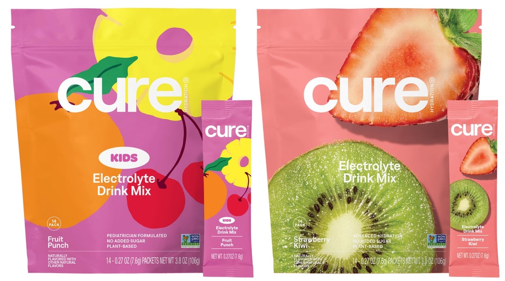 Cure Hydration Family Bundle | Plant-Based Electrolyte Drink Mix | No Added Sugar | Coconut Water | FSA-HSA | Non-GMO | Vegan & Gluten-Free | 14-Pack Each: Fruit Punch (Kids) & Strawberry Kiwi