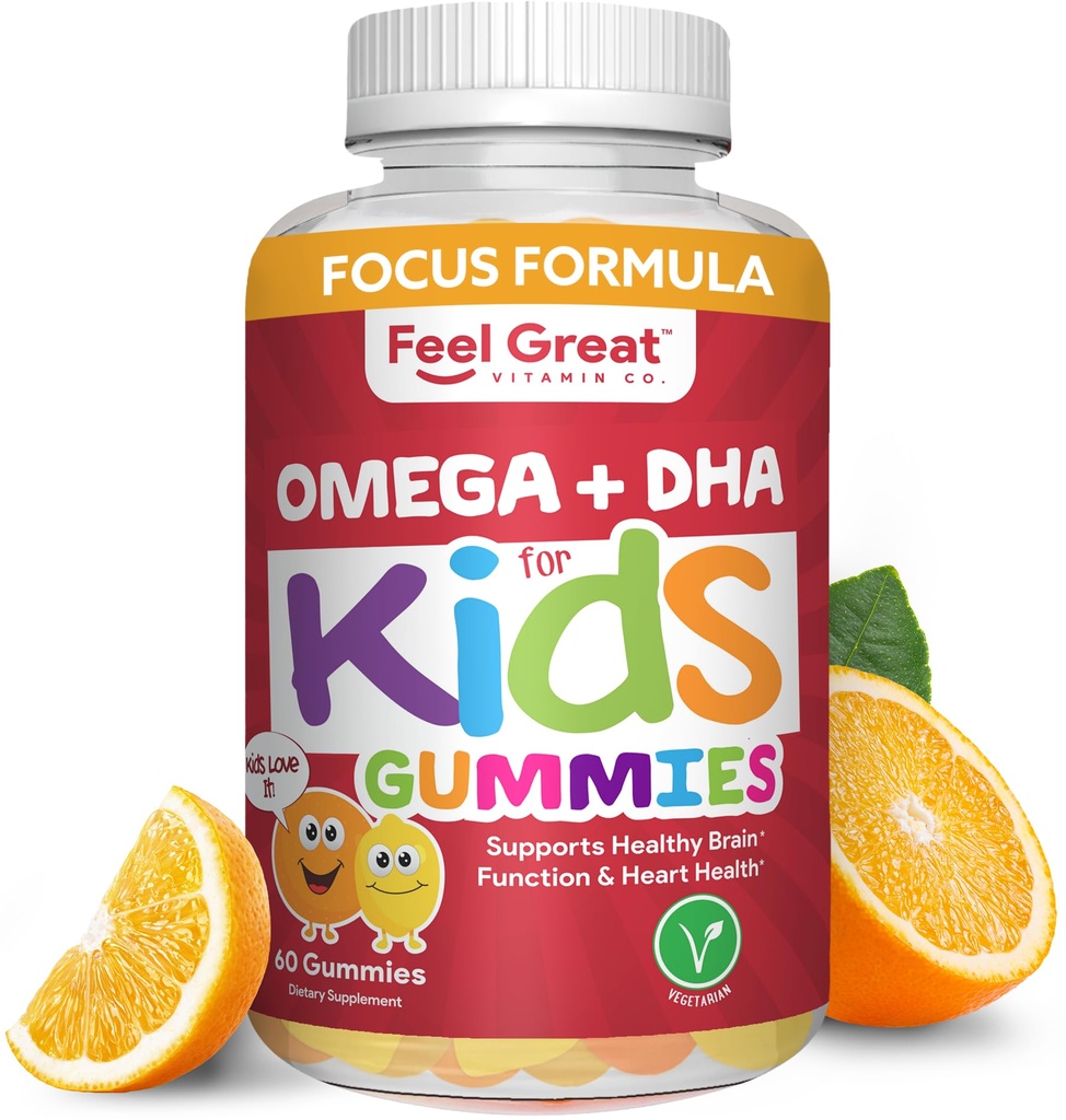 Feel Great Vitamine Co. Gommies DHA complètes pour les enfants avec Omega 3 6 9 + DHA, Vitamine C. Soutient la santé du cerveau Fonction, Vision et Santé du coeur.