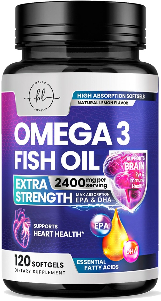 Omega 3 Visolie Supplementen 2400mg - Triple Strength Omega 3 Vetzuren, Natuurlijke Hart Gezondheid Hersenen & Gezamenlijke Ondersteuning - Vetzuren met EPA & DHA - Wild Caught Fish Oil Supplement - 120 Softgels