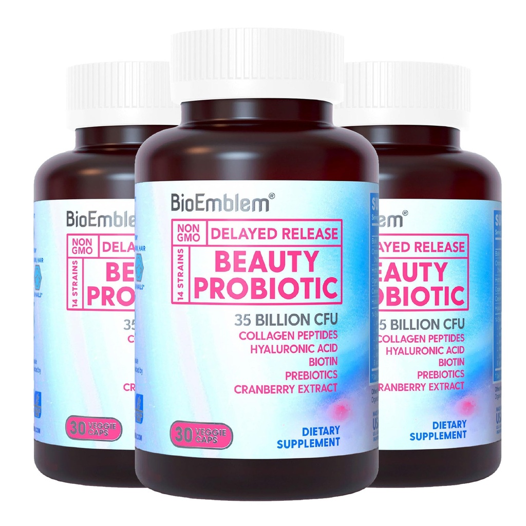 BioEmblem Beauty Probiotica voor vrouwen, 35 miljard CFU 14 Strains met Biotine, Collageen, Prebiotica voor de spijsvertering van gezondheid, haar huid en nagels, Vaginale Probiotica Supplement, Planchet Stabiel, 90 Caps