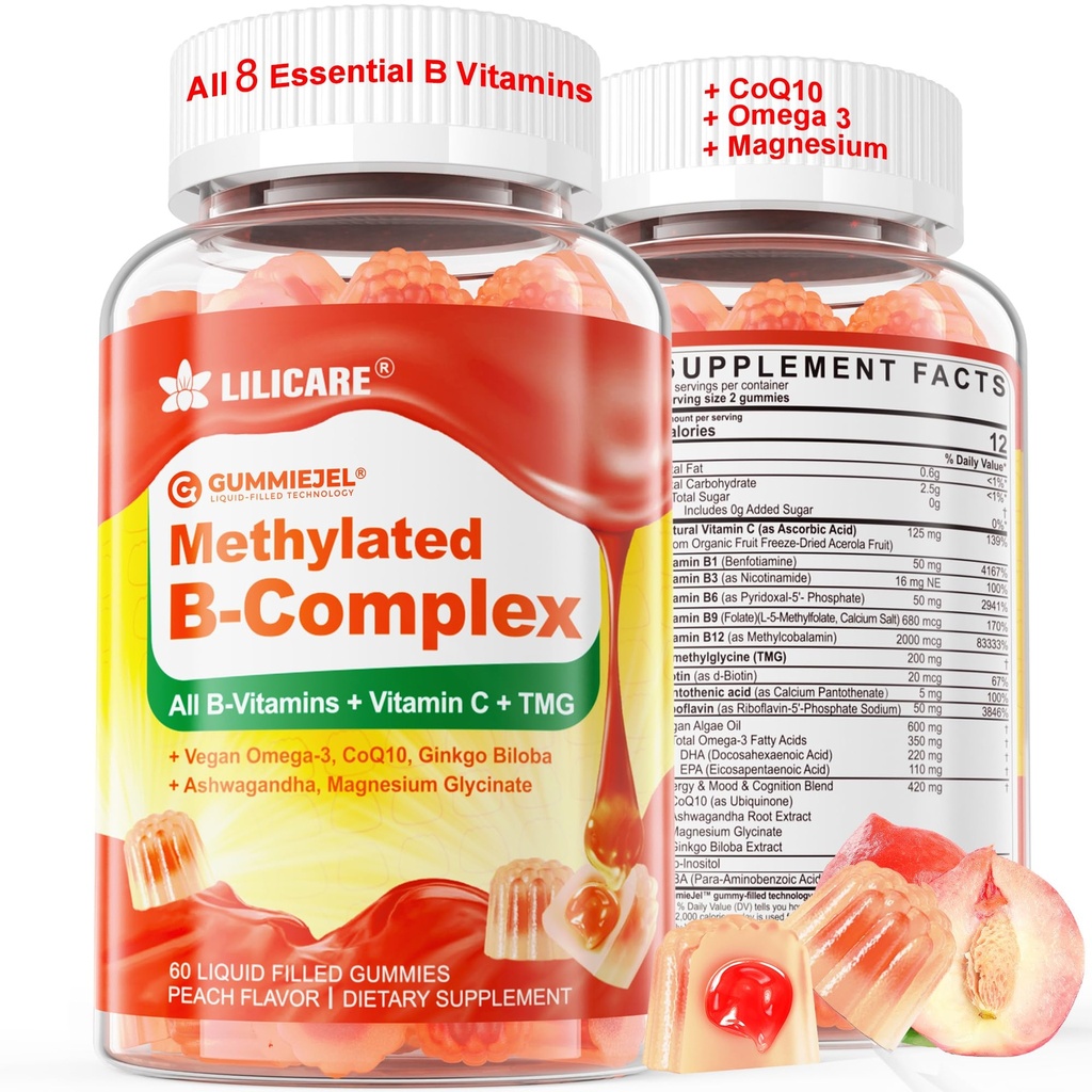 Super Methylated Vitamine B Complex Gummies - Alle B Vitaminen + Omega-3, Magnesium, CoQ10, Ashwagandha, Vitamin C, TMG- Voor Vrouwen Mannen- Methyl B12 2000 mcg, Methylfolaat, B1,B2, B3,B5,B6,B7- Suikervrij