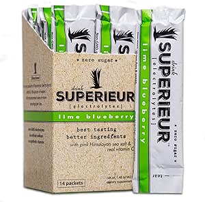 Superieur Electrolyte Powder Packets - Vegan Electrolyte Powder w/Sea Minerals - Keto Friendly, Non-OGM, Zero Sugar Electrolyte Supplément - boisson sportive saine - Blueberry Lime (14 Packets)