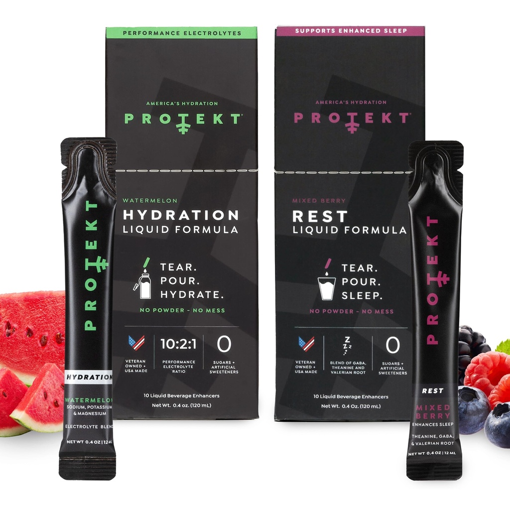 PROTEKT Electrolyte Packets for Recovery & Hydration, Watermelon, 10 Pack | GABA L Theanine Supplement | Melatonin-Free Sleep Aid for Adults, Mixed Berry, Pack of 10