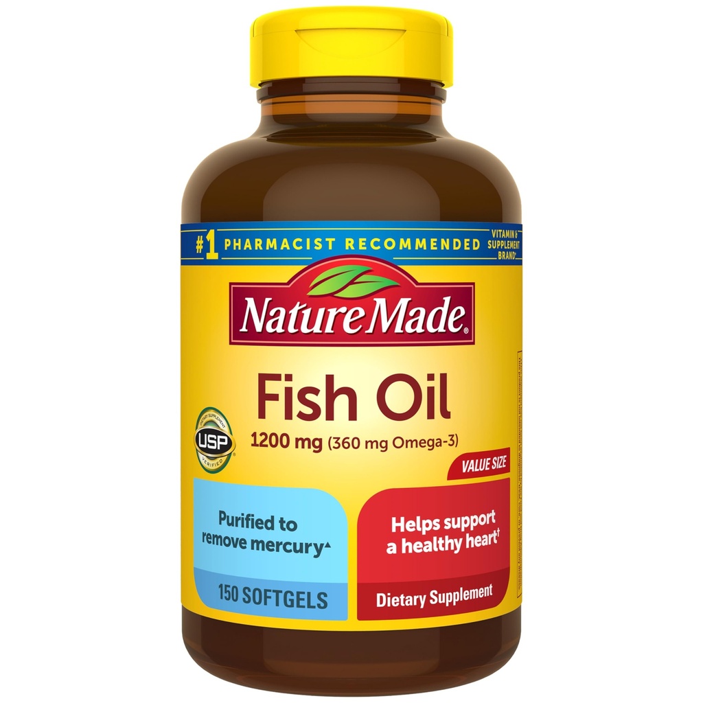 Nature Made Fish Oil Omega 3 Supplementen, 1200 mg Softgels, Omega 3 Visolie voor gezonde hartondersteuning, 150 Softgels, 75 dagen levering