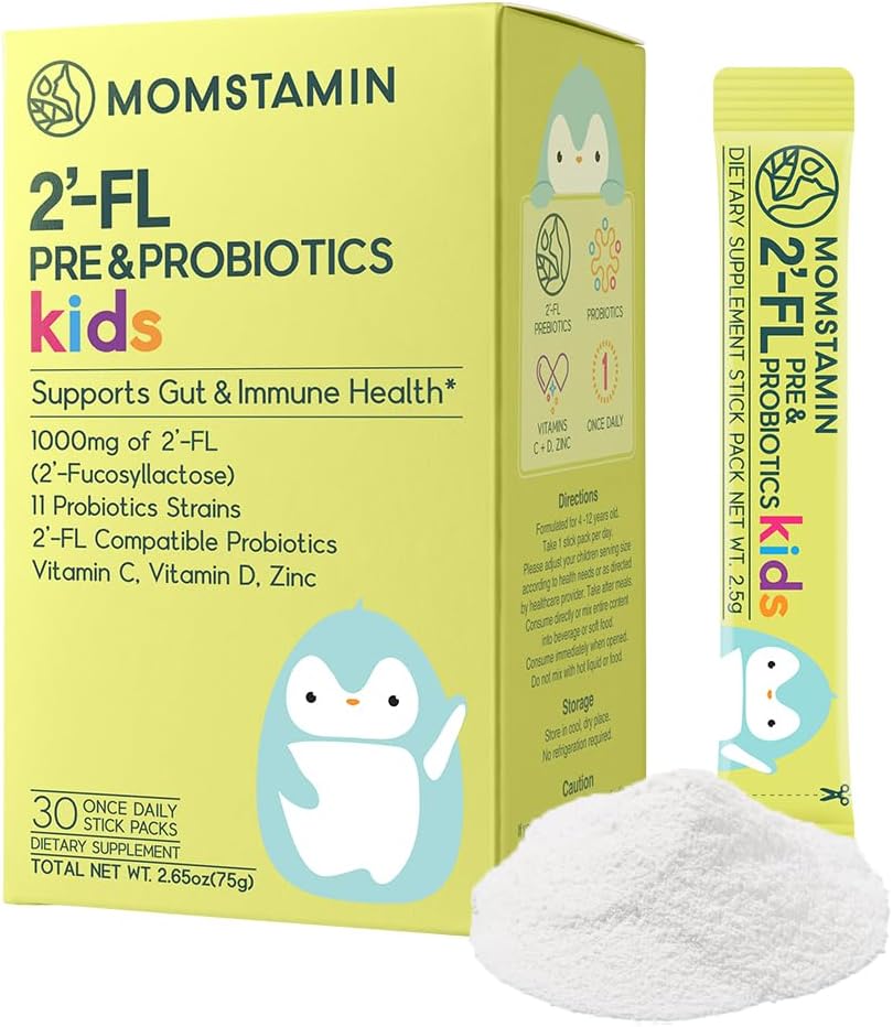 MOMSTAMIN 2'-FL HMO Prebiotics & Probiotics for Kids, 1000mg Human Milk Oligosaccharide 2'-FL Powder, Patented 11 Strains, Healthy Gut Microbiome, Immune & Digestive Supplement, IBS Relief - 30 Sticks