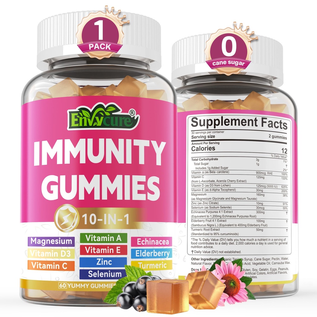 10 en 1 Supplément de soutien immunitaire Gommies, w/Echinacea, Vitamine C et zinc Elderberry, Sélénium, Vitamine D3 5000UI, Magnésium, Booster Imune quotidien multivitamine, pour l'énergie osseuse antioxydante, 1 paquet