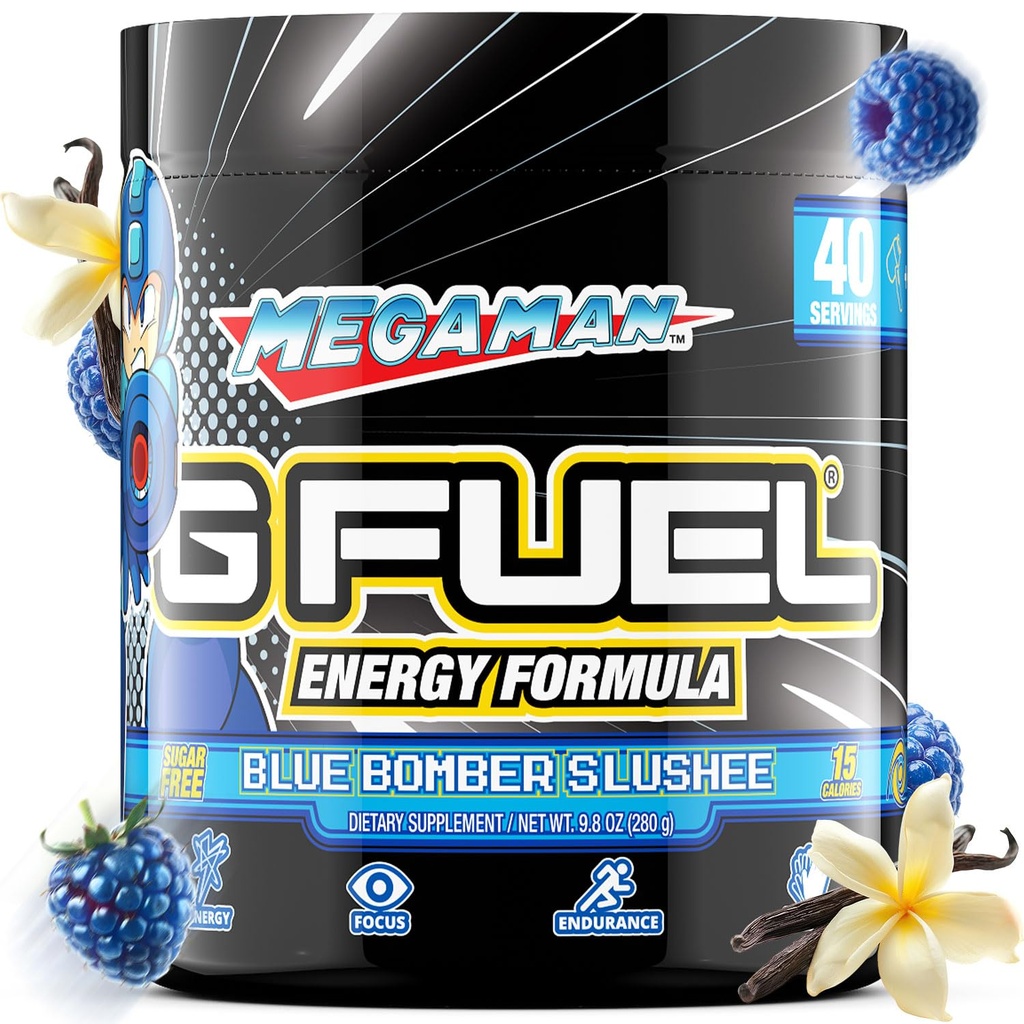 G Fuel Megaman Energy Drink Powder, Pre Workout Cafeine Mix voor Gaming, Suikervrije Focus Amino, Vitamine + Antioxidanten, 9.9oz (Blue Slushee, 40 Servers)