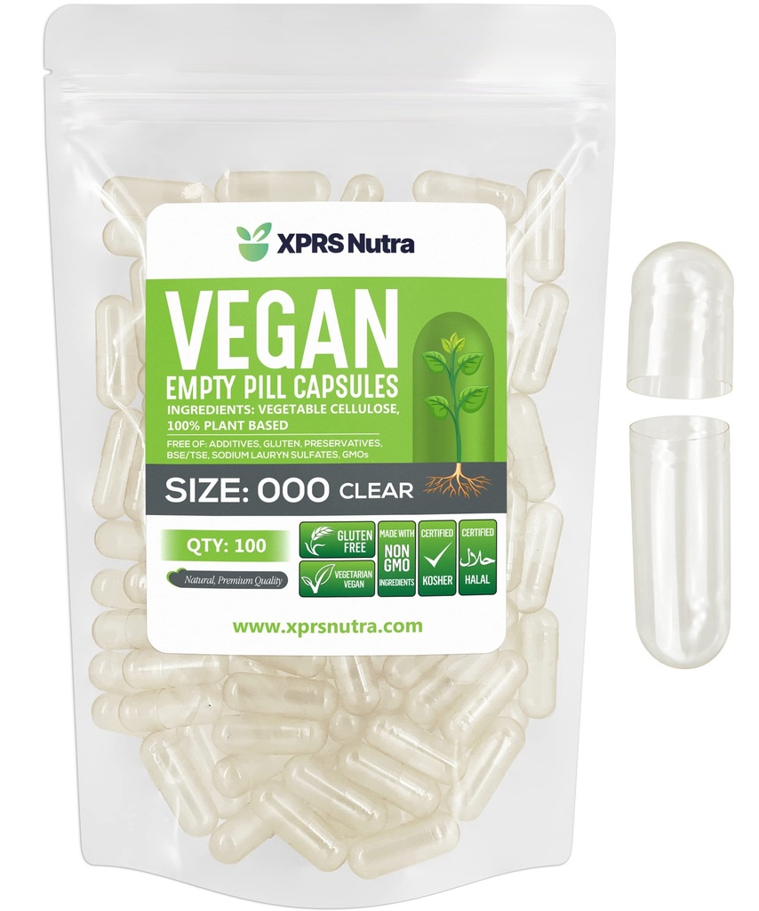 XPRS Nutra Vegan Grootte 000 Lege Capsules - 100 Graaf Helder Lege Vegan Capsules - Vegetarische Pill - DIY Plantaardige Capsule Filling - Veggie Caps Pillen