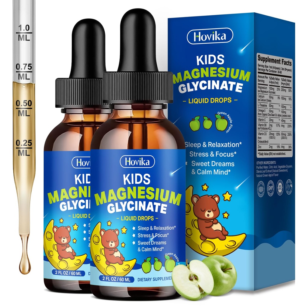 2 Pack Magnesium Liquid for Kids - with L-Theanine Omega-3, Vitamin B6, D3, Zinc - Kids Magnesium Glycinate Drops for Sleep, Relaxation, Calm & Focus - Green Apple Flavor