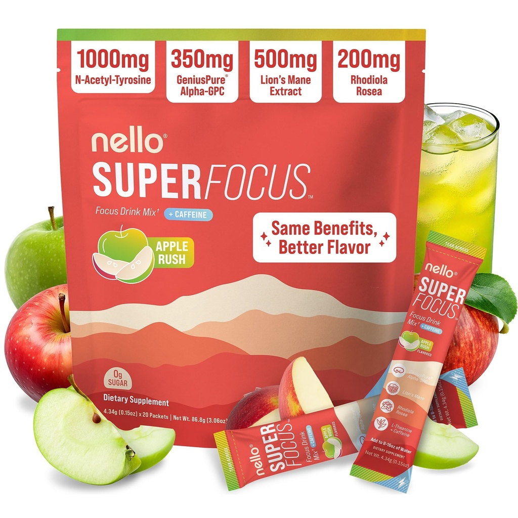 Nello Superfocus – Nootropic Focus Drink Mix for Productivity, L-Theanine, Rhodiola Rosea, Alpha-GPC, Lion’s Mane, Tyrosine, Sugar-Free Packets (20 Servings (Caffeine), Apple Rush)