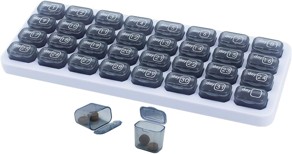 Maandelijkse pil Organisator, Large Travel pil Box 31 Dag, Dagelijkse pil geval, Pillenhouder Container voor Vitamine, Geneeskunde, Supplement, Visolie, Grijze