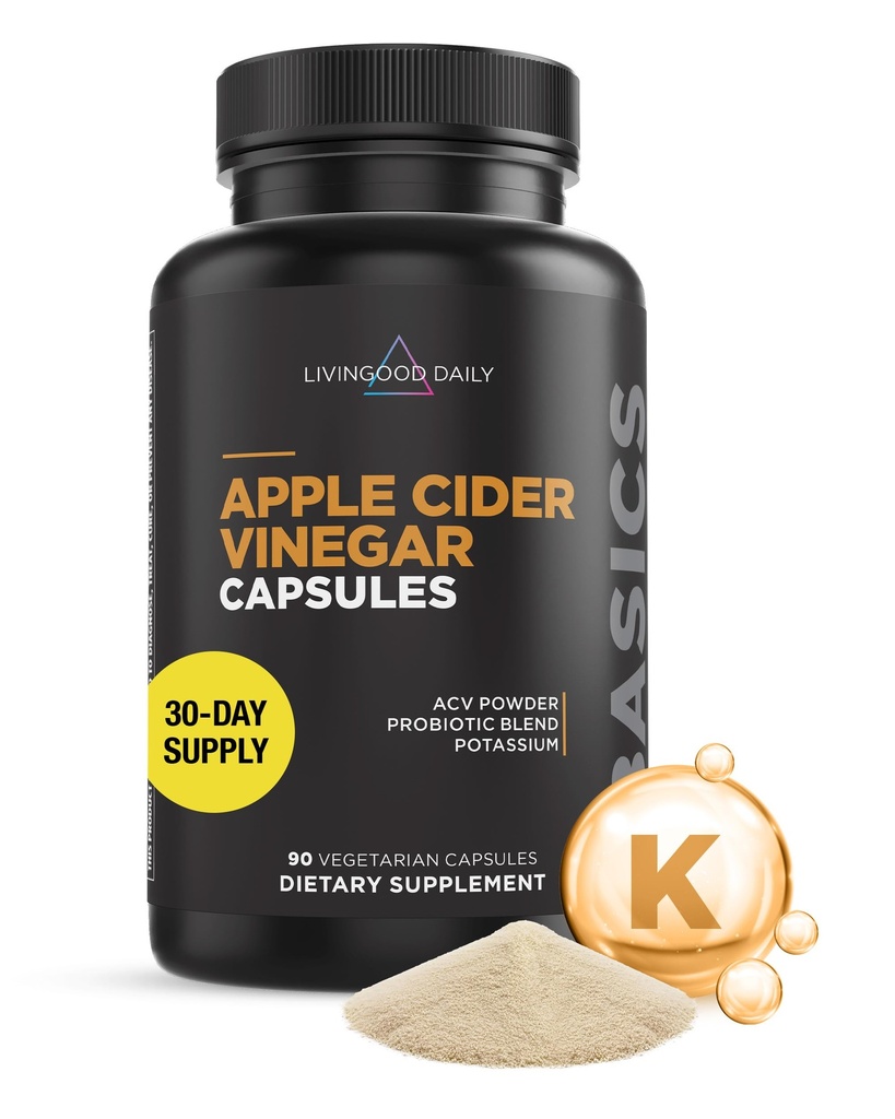 Livingood Daily Apple Cider Vinegar Capsules with The Mother (1500mg) - ACV Pillen met probiotica en kalium voor vrouwen en mannen - Ondersteunt Gut Health, Digestie, Appetite & Weight - Vegan, 90 Capsules
