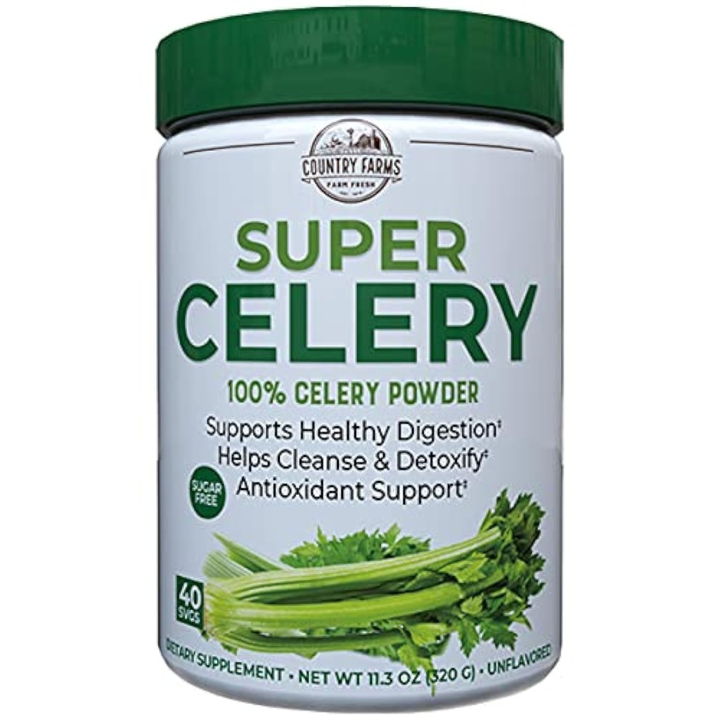 Country Farms Super Celery Powder, 100% Celery Powder, Supports Healthy Digestion, Helps Cleanse & Detoxify, Antioxidant Support, 40 Servings, 11.3 Ounce (Pack of 1)