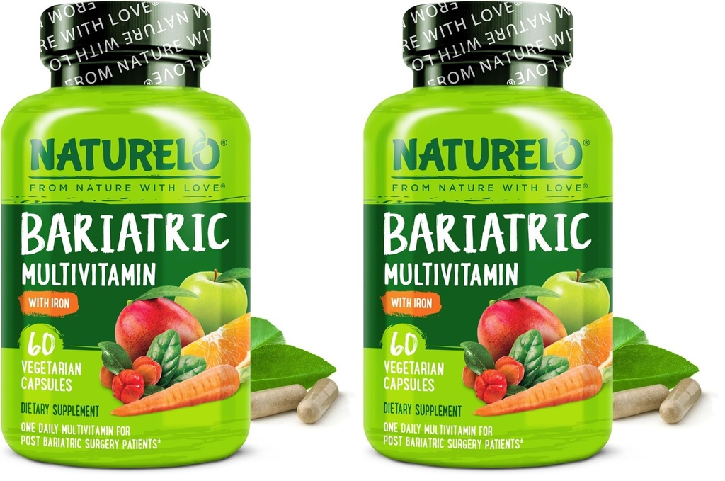 NATURELO Bariatric Multivitamin - One Daily with Iron - Supplement for Post Gastric Bypass Surgery Patients - Natural Whole Food Nutrition - 60 Veggie Capsules (Pack of 2)