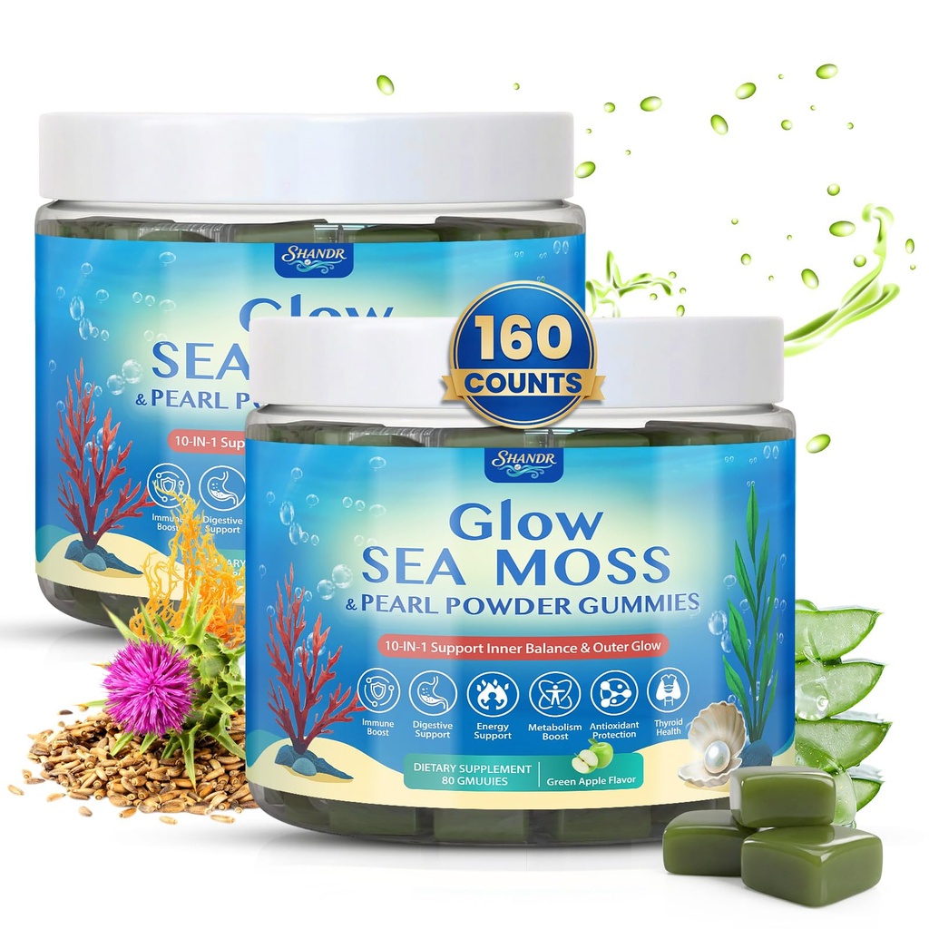 2 Pack Sea Moss Glow Gummies Hair Loss Skin & Nails with Irish Seamoss Pearl Powder Vitamin C E Milk Thistle Taurine Aloe Vera FOS Superfood for Immune Intestinal Thyroid Detox Adults& Kids 160 Count