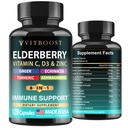Elderberry Immune Support Supplement 8-in-1 Formula with Echinacea, Vitamin C & Zinc, Vitamin D 5000 IU, Turmeric, Ginger, Ashwagandha – 120 Capsules