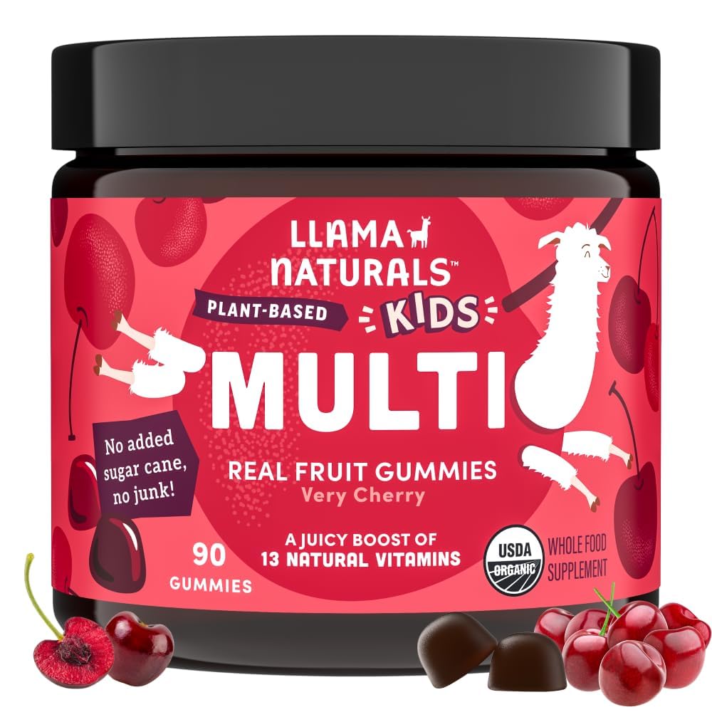 Llama Naturals Kids Multivitamine Gummies, Veganistisch, Organisch met vitamine D, C & K, Peuter Real Fruit Gummy Vitaminen, Kauwbare Supplement, Whole Food Multivitamine, Geen toegevoegde suiker Cane, Cherry, 90 Ct
