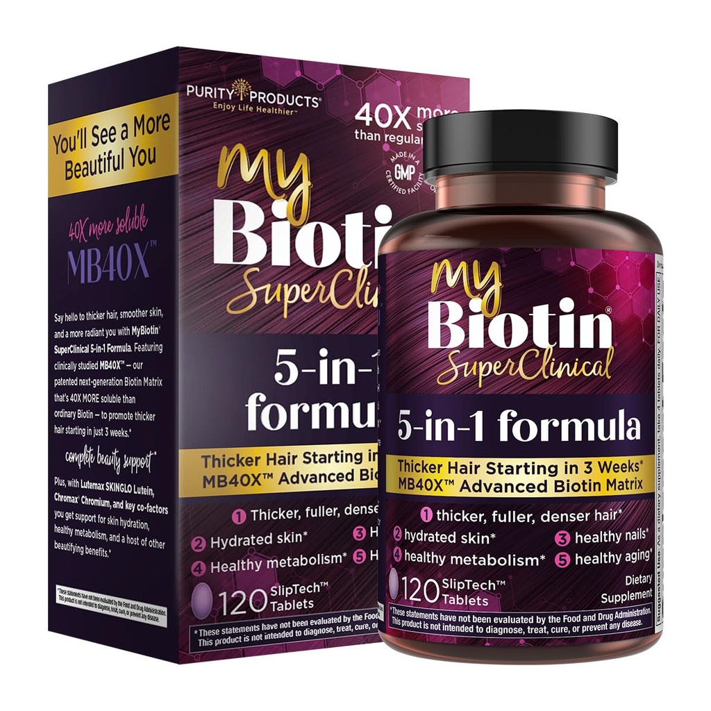 Zuiverheid Producten MyBiotin SuperKliniek Nieuw 5-in-1 Elite Multivitamine + MB40X Biotin Matrix Dagelijkse Multi - Dikker haar vanaf 3 weken - 40X Meer Oplosbaar vs Gewone Haarhuid Nagels - 120 Tabs