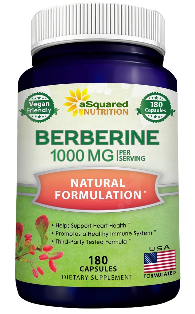 aSquared Nutrition Pure Berberine 1000mg Supplément - 180 Capsules de Véggie, Hydrochlorure de Berbérine naturel HCL Plus, Max Strength 1000 mg (2X 500mg), Potent Berberine Extrait végétalien