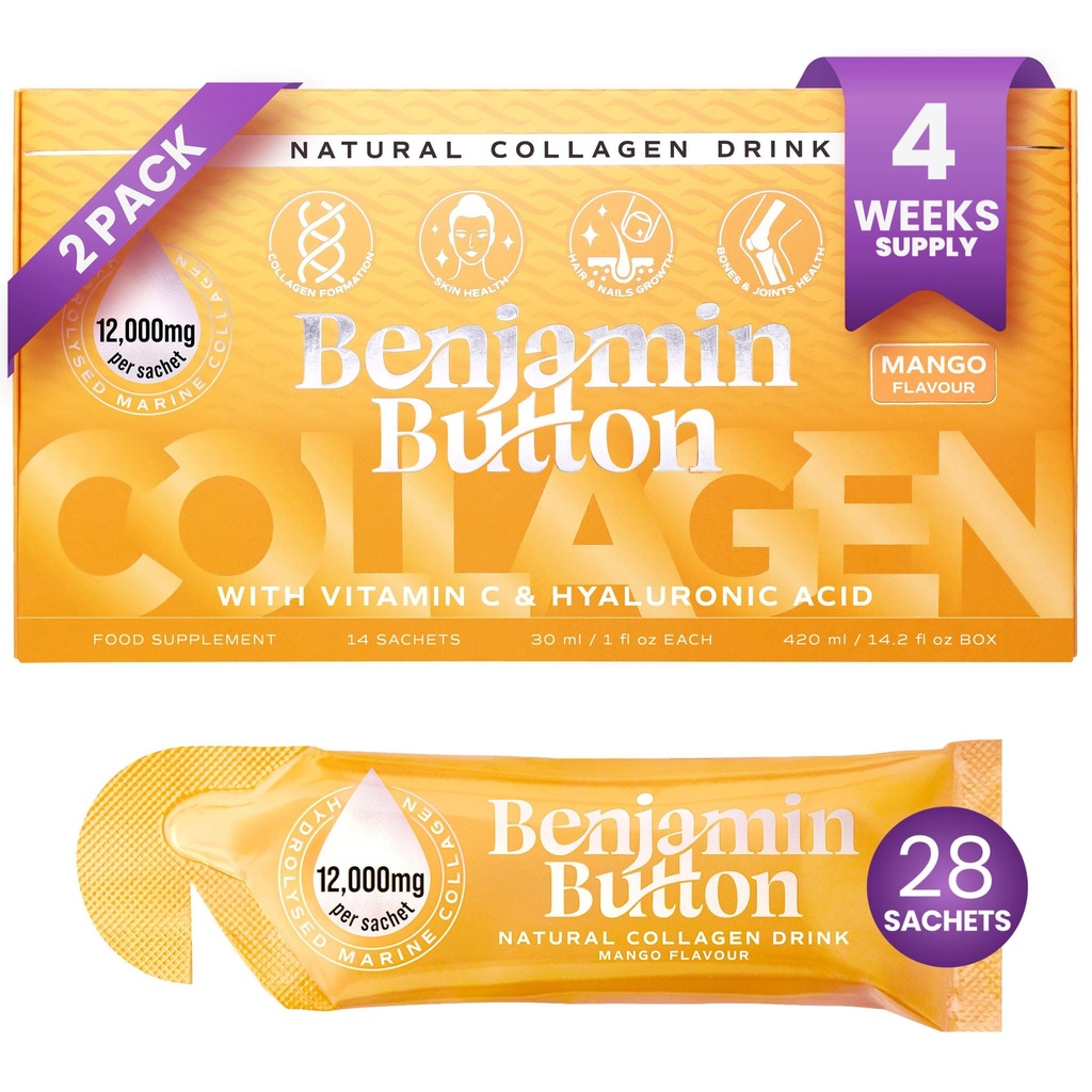 Benjamin Button 12,000mg Marine Collagen Liquid Shots | High Strength Hydrolyzed Marine Collagen Peptides with Hyaluronic Acid & Vitamin C for Skin, Hair, Joints | Mango Flavor, 28 Servings