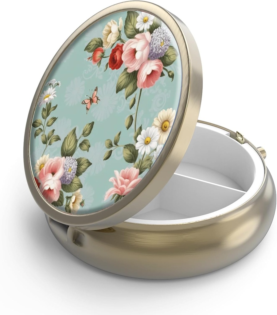 Pill Case Pill Box met Mirror Retro 3 Compartiment Kleine pil Case voor Purse of Pocket Bronze Kleine Roud pil Box of vitamines, Visolie, Supplementen, Pill Bevat reizen Gifts( Retro Green Floral)