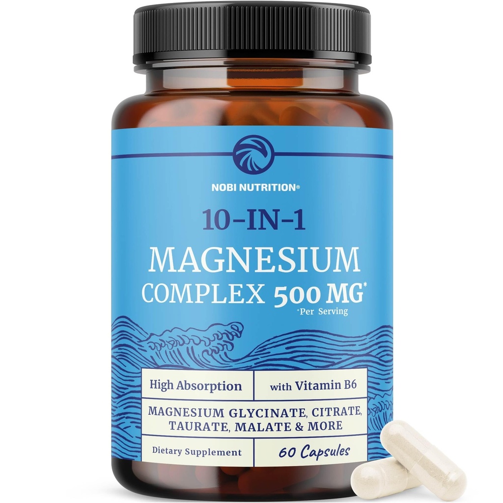 10 in 1 Magnesium Complex Supplement 500MG | Magnesium Citrate, Mag Glycinate, Malate & More | High Absorption Mag Complex with Vitamin B6 | Bone, Muscle & Heart Health Support | Non-GMO | 60 Ct.