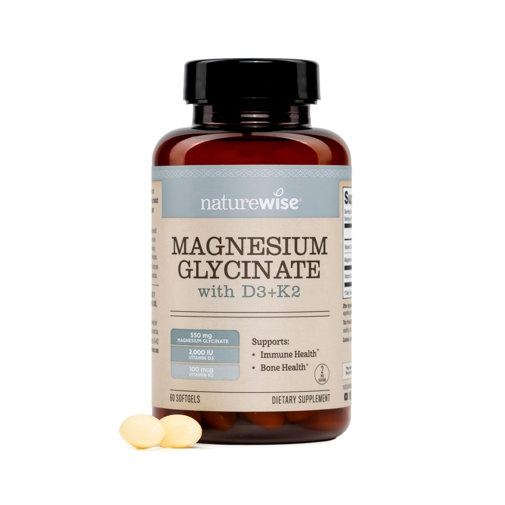NatureWise Magnesium Glycinate 550mg + 2000 IU Vitamin D3 K2 100 mcg - D3 K2 Magnesium Supplement - Chelated for High Absorption - Bone Support - Non-GMO, USA Manufactured - [30-Day Supply]