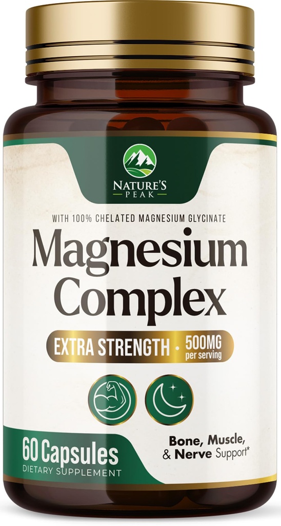 Magnesium Complex Supplement - Magnesium 500mg Per Serving - High Absorption Blend of Glycinate, Citrate, Malate, Oxide - Supports Sleep, Muscle, Bone, Heart Health - Bottled in USA - 60 Capsules