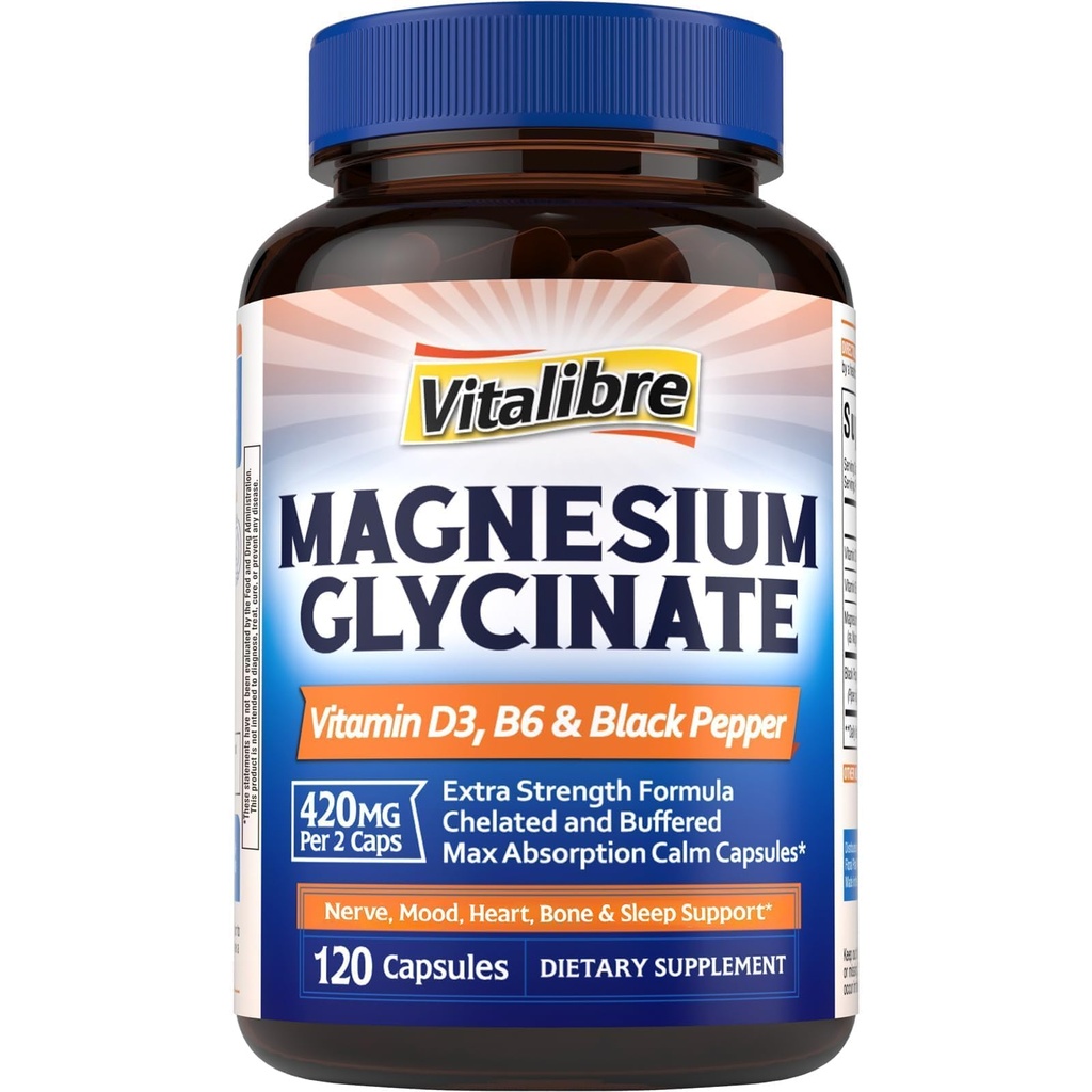Vitalibre Magnesium Glycinate 420mg with Vitamin D3 & B6 | Chelated & Buffered Magnesium Supplement | High Absorption for Nerve, Bone, Heart, Mood, Sleep Support, 120 Vegan Capsules, Non-GMO