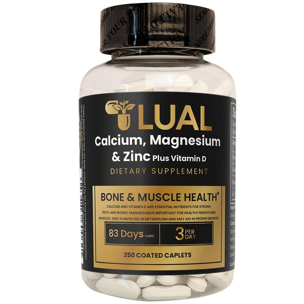 Calcium, Magnesium, Zinc & Vitamin D3.LUAL Calcium Magnesium Zinc with Vitamin D – Bone & Muscle Support Supplement for Adults, 250 Coated Caplets Dietary Supplement, 250 Count