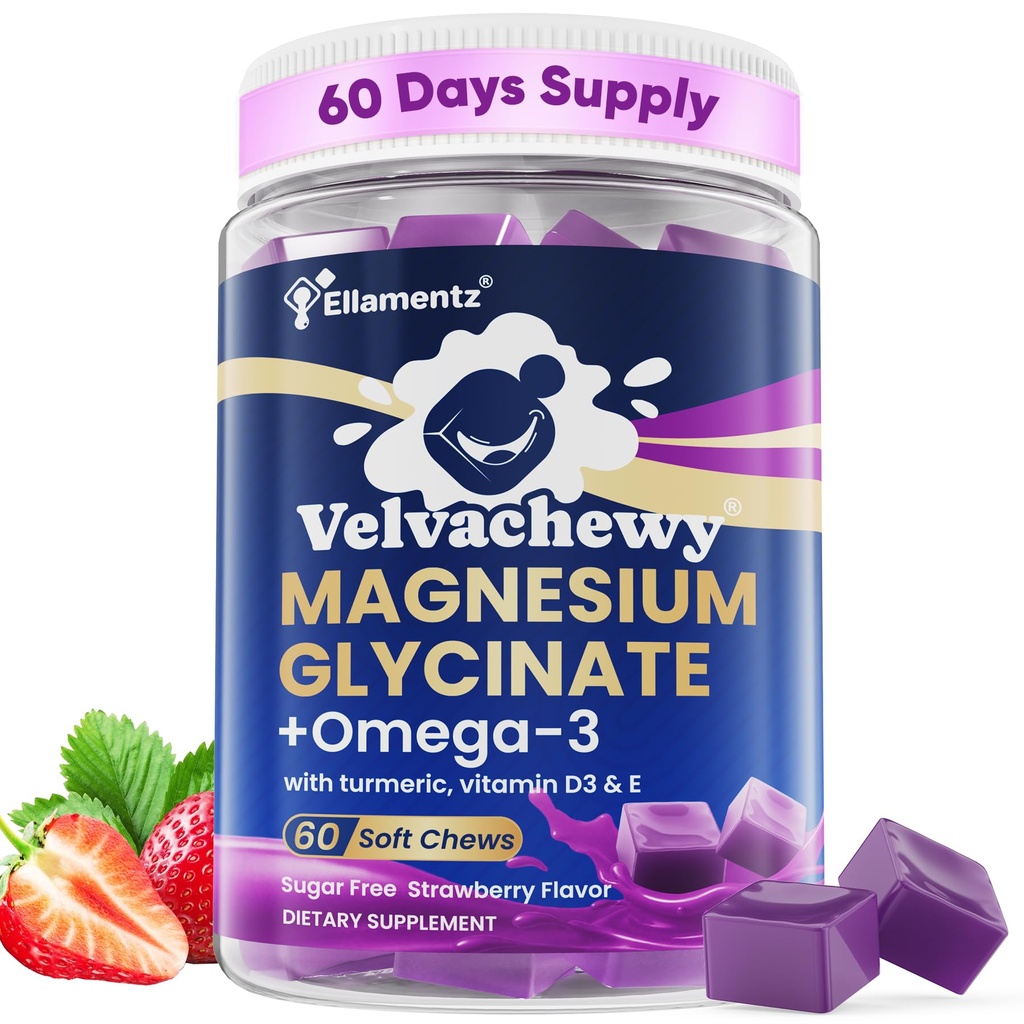 Magnesium Glycinate Gummies 500mg - Magnesium with Omega-3, Turmeric, Vitamin D3 & E | Magnesium Glycinate Soft Chews for Adults | for Sleep, Muscle & Brain | 60 Counts