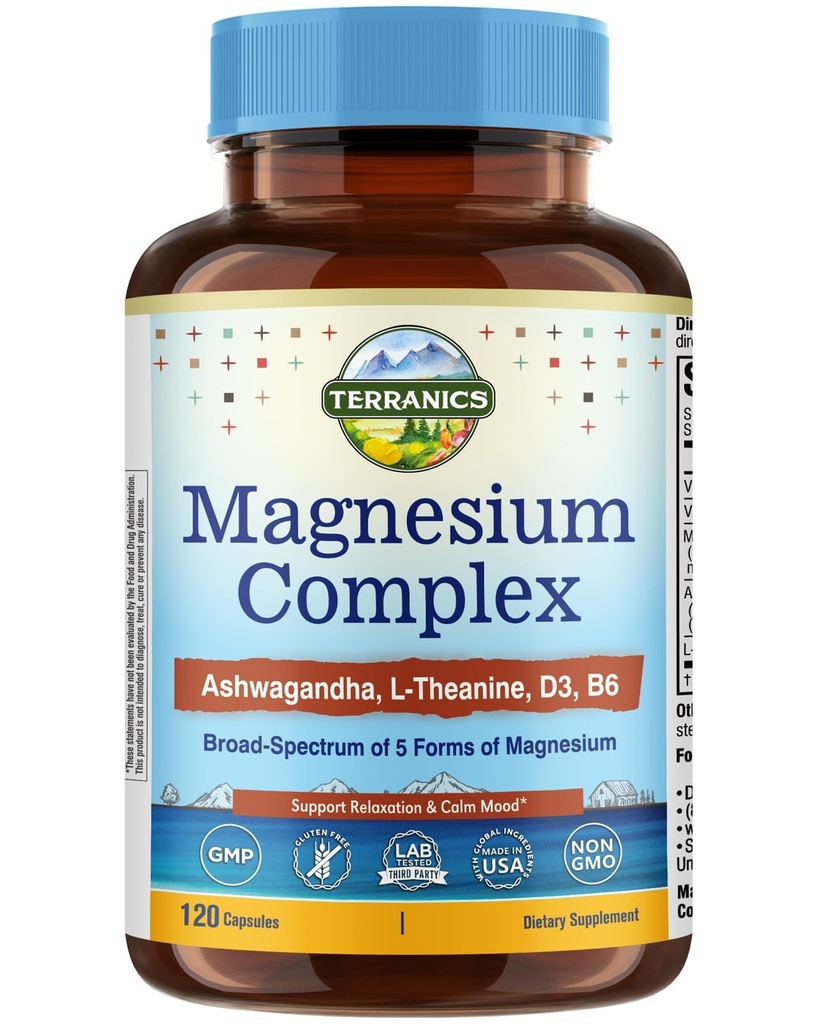 Terranics Magnesium Complex Supplement with Glycinate, Citrate, Taurate & Malate | Supports Nerve & Mood Health | Includes Ashwagandha, L-Theanine, Vitamin D3 & B6 | 120 Capsules | Non-GMO